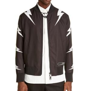 New NEIL BARRETT Leather Thunderbolt Black Bomber Jacket XXL Men's